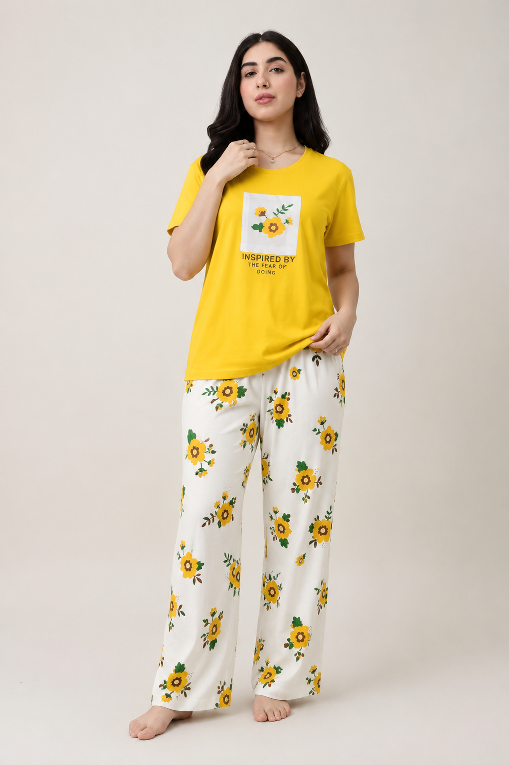 Women's Sunflower Print Night Suit – Yellow Graphic T-Shirt & White Pajama Set